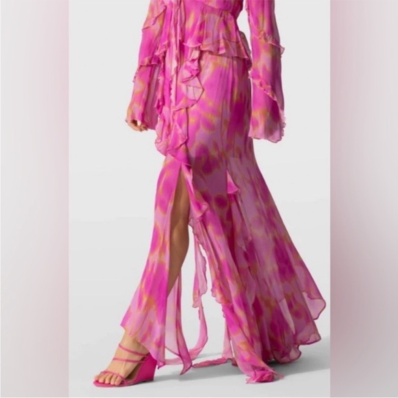 The Wolf Gang Rhapsody Maxi Skirt Candy Haze Frilly High Slit Hot Pink Floral - Picture 2 of 13